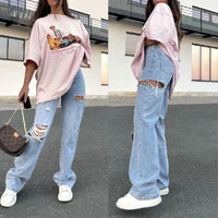 womens new autumn fashion ripped wash water straight trousers jeans women vintage streetwear oversized jeans woman high waist
