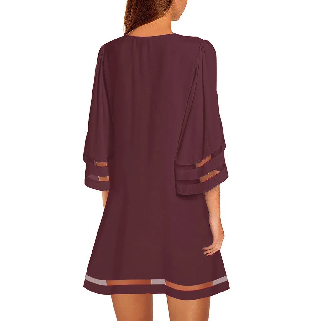 

Women's Dresses Women's O Neck Mesh Panel Blouse 3/4 Bell Sleeve Loose Top Shirt Dress Womens Fashion Clothing Vestido De Mujer