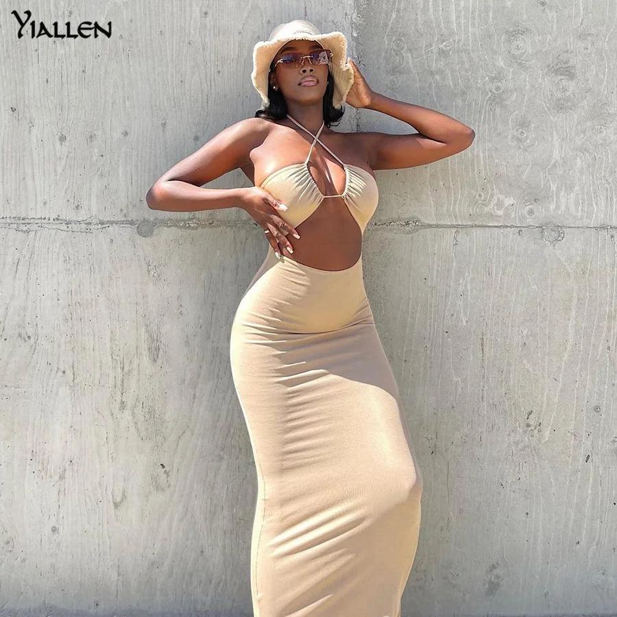 

Yiallen Summer Elegant Sexy Solid Halter Maxi Dress Women Summer Beach Vacation Party Slim Fashion Hollow Strap Long Dresses