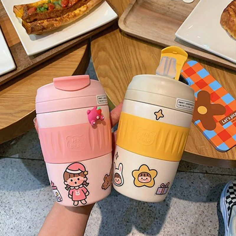 

Portable Stainless Steel Kettles Office Insulated Water Bottle With Straw Coffee Juice Cup With Straw Thermos Children Drinkware