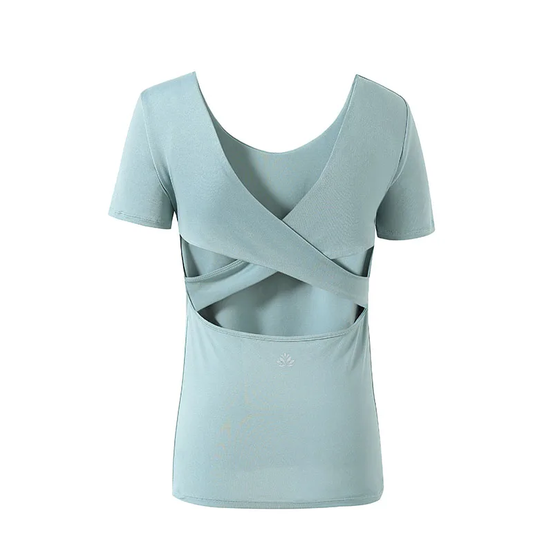 

GAUENEEN Women T-shirts Hollow Out Padded Push Up Yoga Top Gym Fitness Shirts Sportswear Workout T-shirt Exercise Sport Top