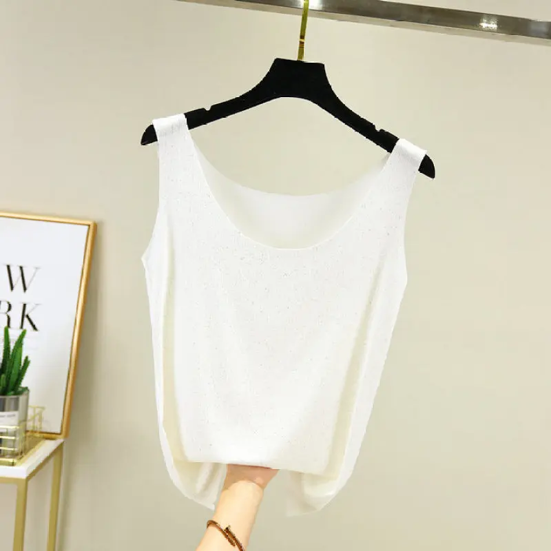 Женский Тонкий Свободный жилет блестящий однотонный топ без рукавов со стразами