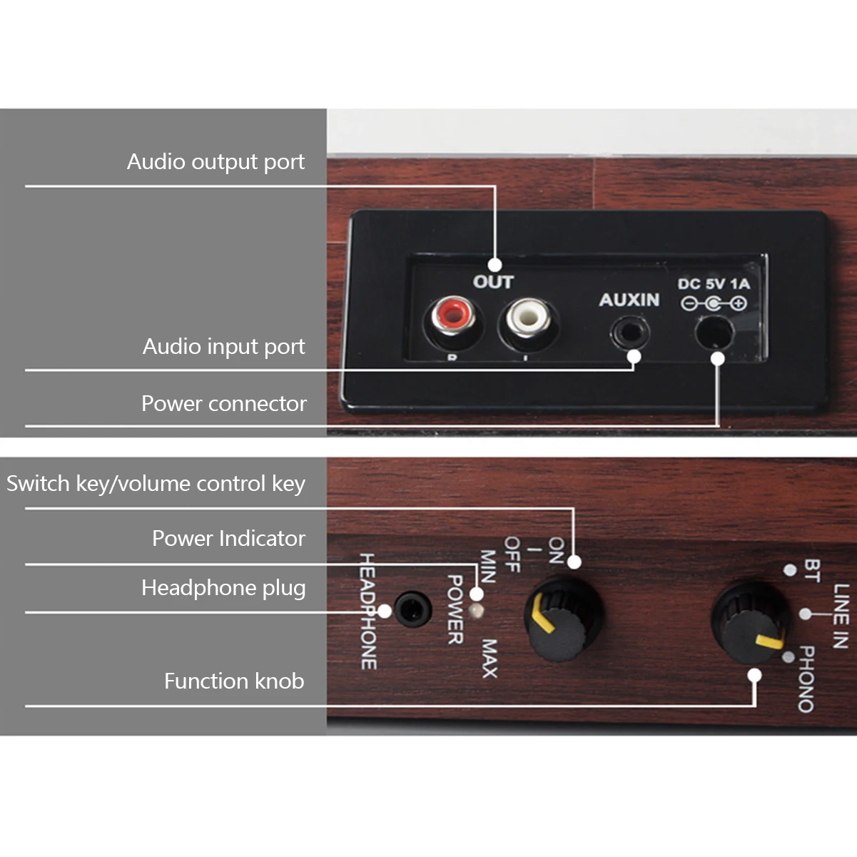 

Record Player Vinyl Record Player Bluetooth Speaker Dust Cover Dustproof Triangle Aluminum Tube Movement PH /BT /OUT/AUX