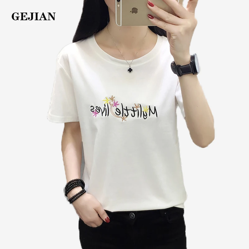 GEJIAN2019 New Women's Large Size Loose Thin Round Neck Short-Sleeved T-Shirt Female Slim Casual Fashion Letter Graphic | Женская
