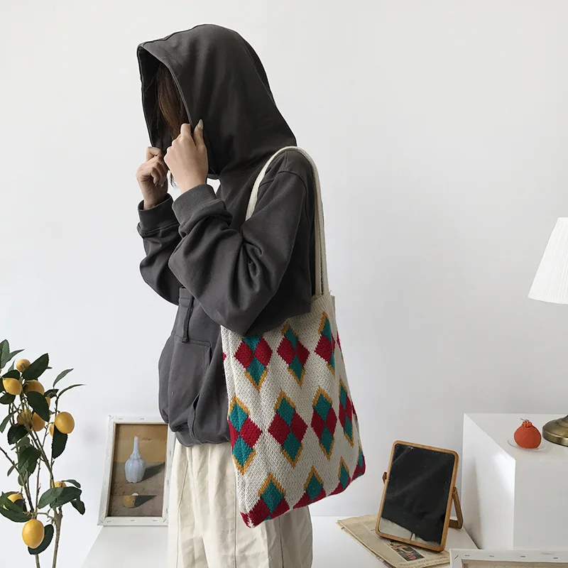 Повседневная Женская Студенческая трикотажная сумка через плечо, сумка контрастного цвета для девочек, эко складная сумка для покупок, сумка для покупок