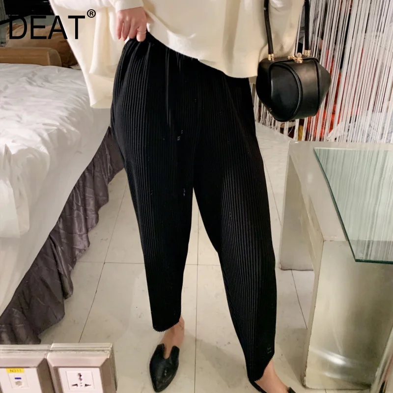 Женские брюки до щиколотки DEAT свободные черные в полоску со средней талией весна