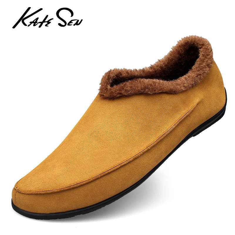 KATESEN/Зимняя Теплая мужская обувь Лоферы ручной работы замшевые Модные