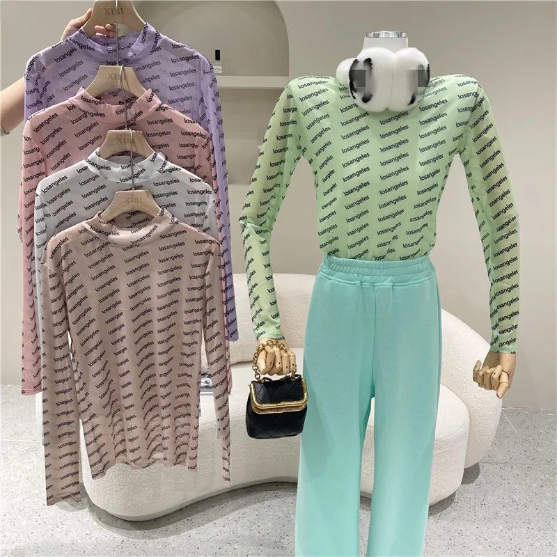 

Women Spring Summer Niche Design Letter Print Round Neck Bottomed Top Sunscreen Bottoming Shirt Tight Perspective Thin T-shirt