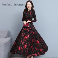 2021 autumm winter new arrival elegant high quality stand collar cheongsam long sleeve flower embroidery woman long dress