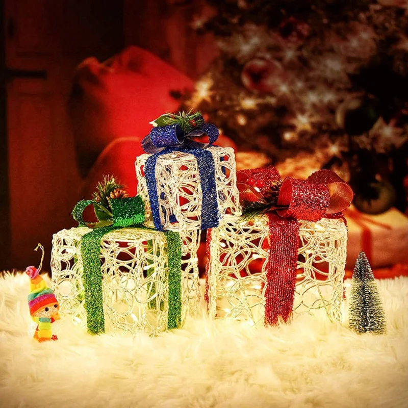 

3pcs Led Gift Boxes Christmas Tree Ornaments Luminums Iron Art Home Outdoor Mall Add FestiveAtmosphere New Year 2022 Decorations