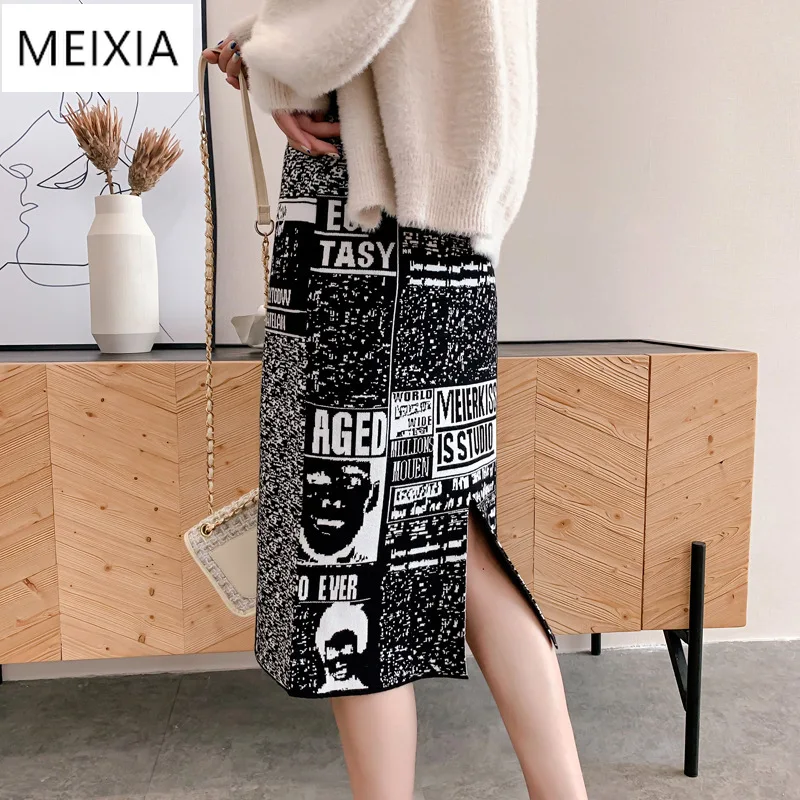 

MEIXIA Women's Skirt Knitting embroidery Autumn Letters Knit Thick Soft Pencil Skirts Students Japan Woman Faldas Female