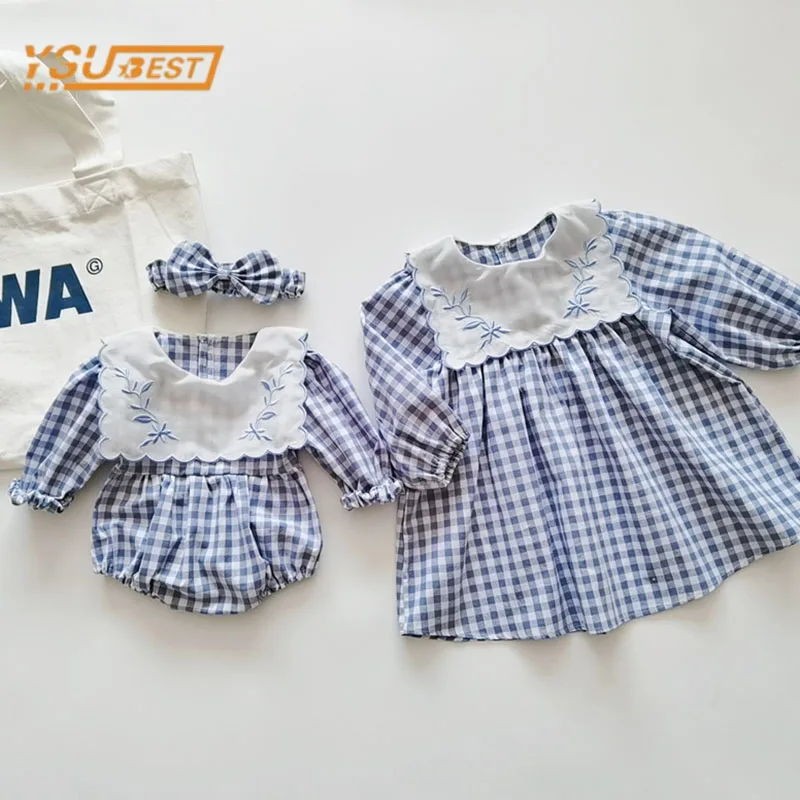 

Spring Newborn Baby Girls Sister Embroidery Grid Dress Toddler Jumpsuit Baby Clothes Infant Girls Long Sleeve Children Dress