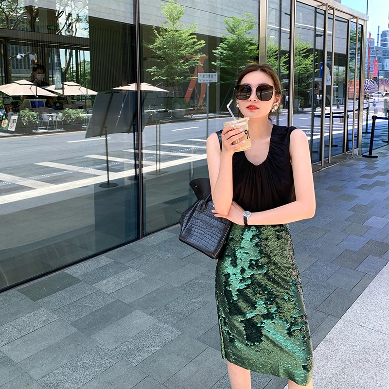 High-waist Fashion Sparkling Double-sided Sequin Skirt Autumn Winter Slim Fit Hip Wrap Dress Party Elegant Women Green Skirts | Женская