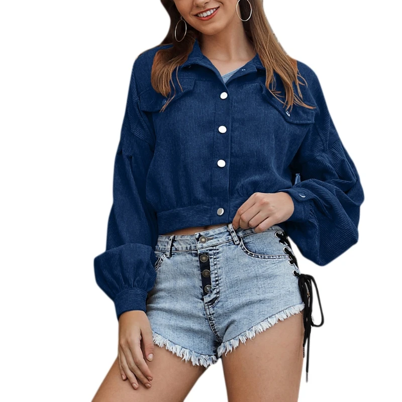 

Женская Осенняя укороченная куртка с рукавами-фонариками, бархатная верхняя одежда с отложным воротником и пуговицами, винтажная свободна...