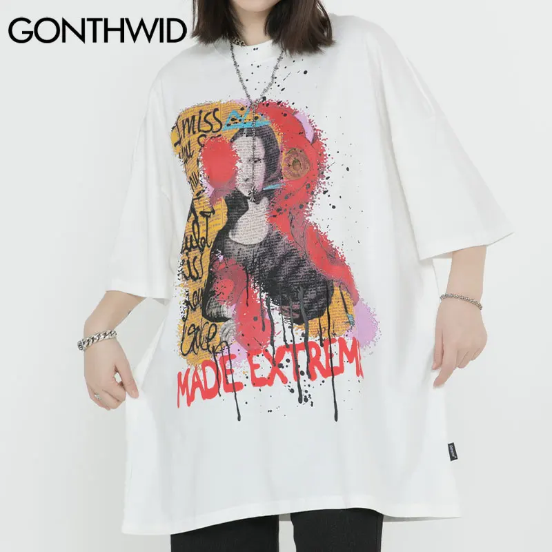 GONTHWID Oversized Tees Shirts Creative Graffiti Mona Lisa Print Tshirts Hipster Streetwear Hip Hop Harajuku Casual T-Shirt Tops