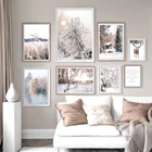 Настенное художественное полотно с оленями, птицей, снегом, тростницей, зимой, природой, скандинавские плакаты и принты, настенные картины для декора гостиной