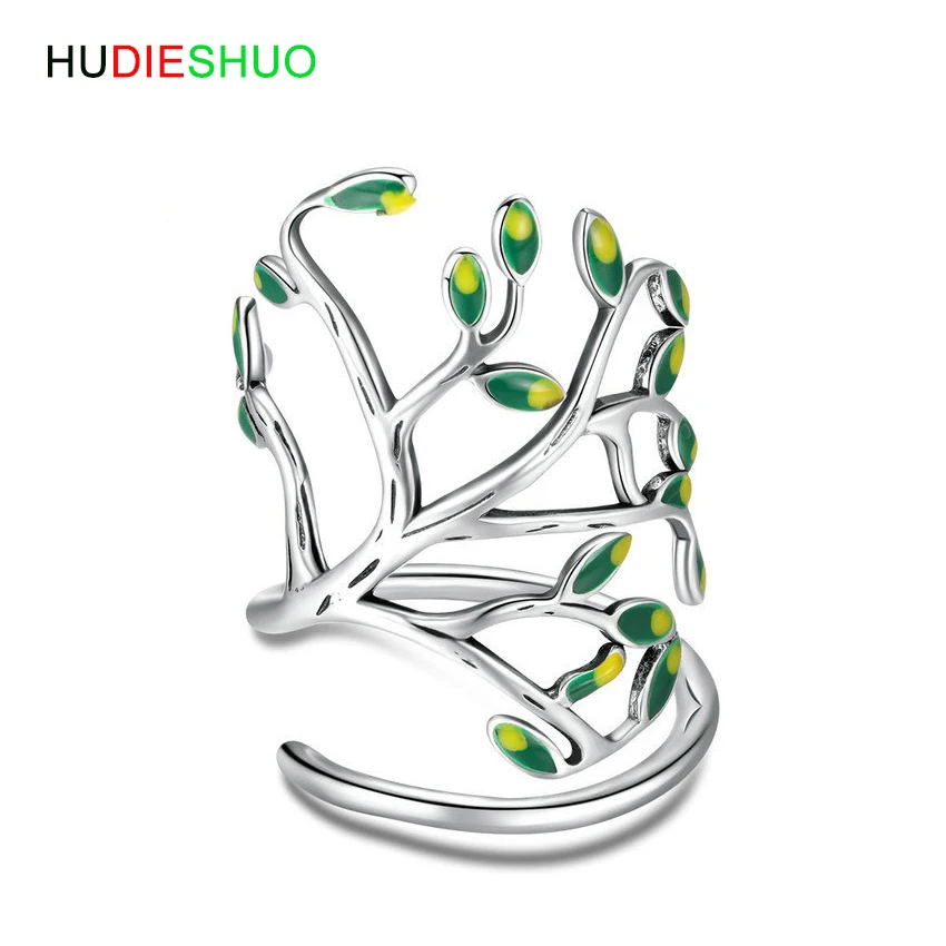 HUDIESHUO 925 SterlingSilver зеленое дерево жизни Регулируемые кольца для женщин модные
