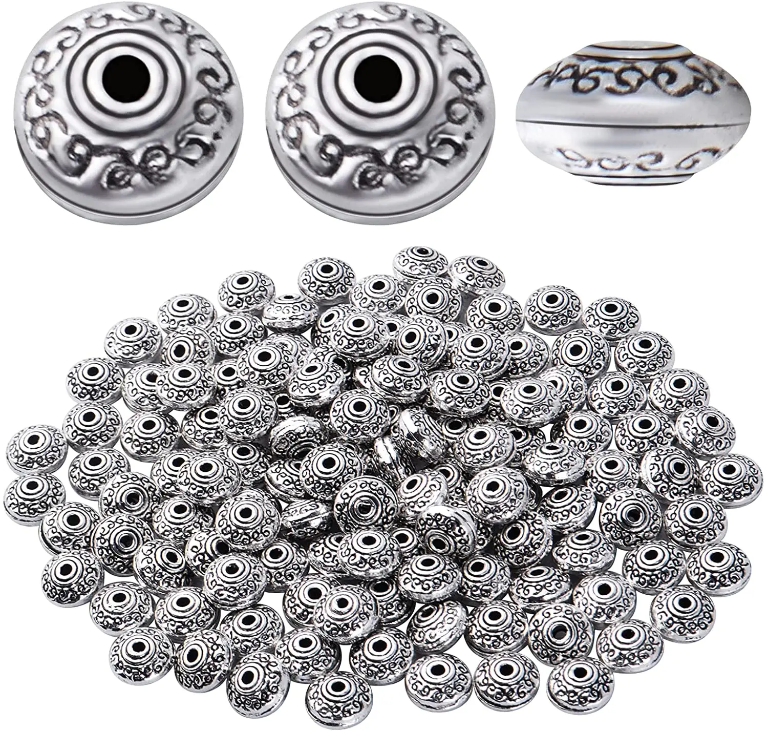 

120pcs Antique Silver Bicone Spacer Beads Alloy Tibetan Saucer Spacer Loose Charm Beads for DIY Bracelet Jewelry Making Crafting