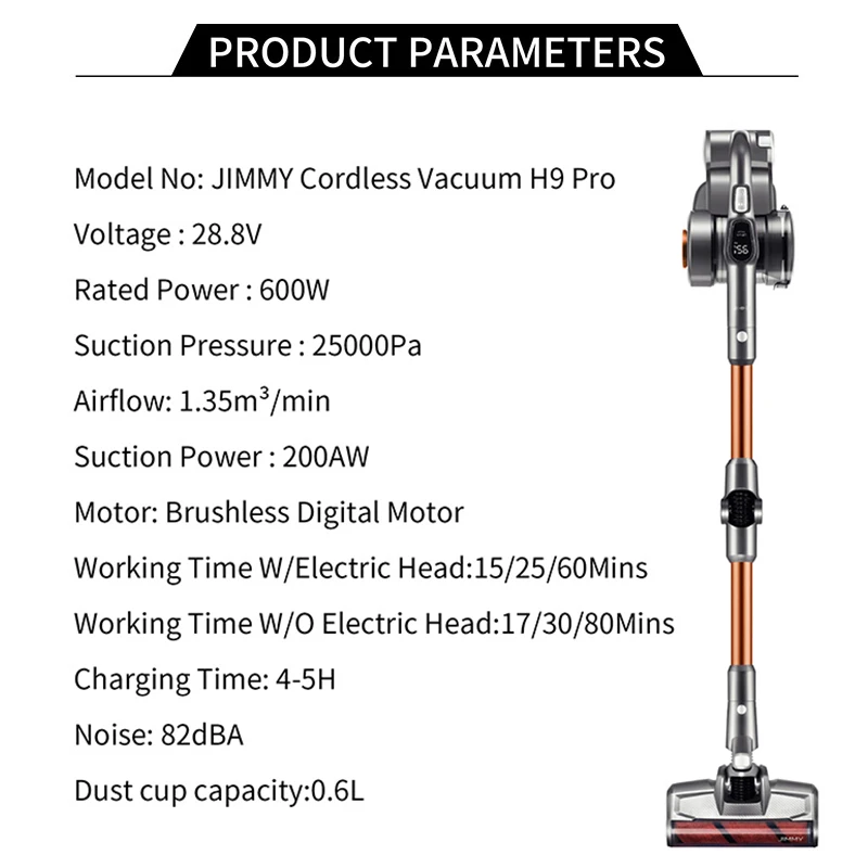 

[70$Code] JIMMY H9 Pro Flexible Smart Handheld Cordless Vacuum Cleaner 200AW 25KPa Suction 80Mins With Rechargeable Stand Holder