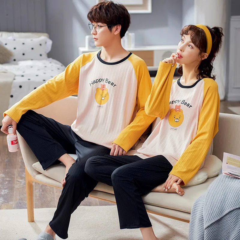 Новые осенне-зимние хлопковые Пижамные комплекты для пар с длинным рукавом в
