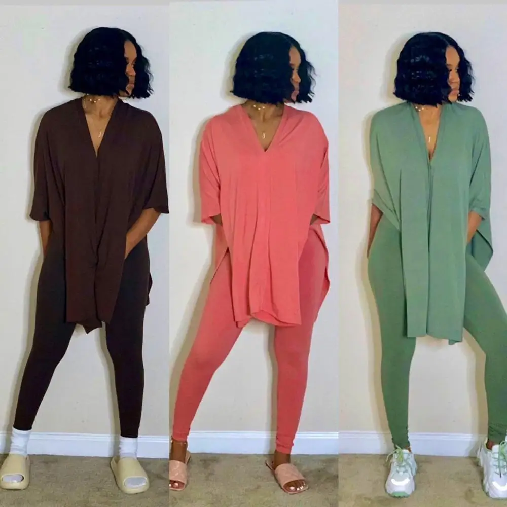 

2020 Women Two Piece Outfit Summer Clothes Double Side Split Oversize Long Top Skinny Legging Pant Sweat suit Casual Plus Size