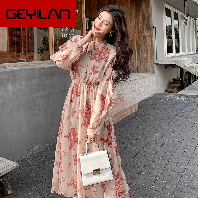 

Women Chiffon Dress 2020 Spring Summer New Fashion Female Long Sleeve Printed Floral Vintage Casual Dresses Boho A-line Vestidos