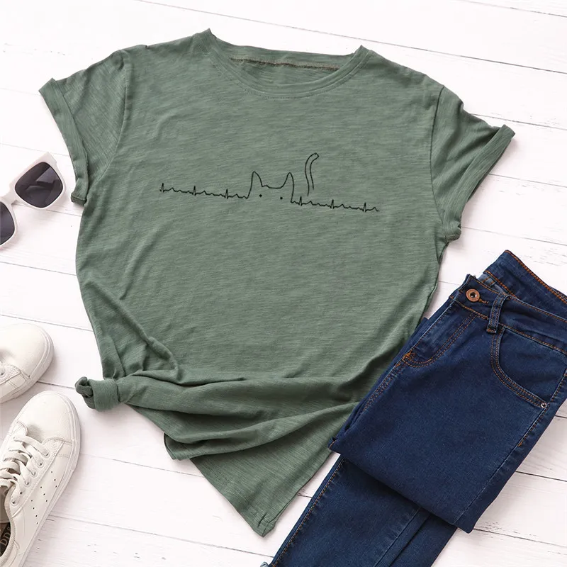 

100% Cotton Women Summer T-Shirt Lovely Cat Print Tshirts Crew Neck Short Sleeve Graphic Shirts Tops Casual Female Tops