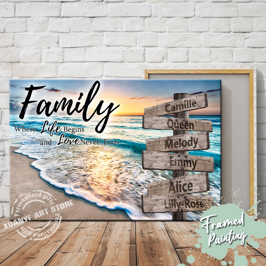 

Personalized Sunset Beach Family Where Life Begin Love Never Ends Quotes Canvas Wall Art Name Sign Custom Painting Framed