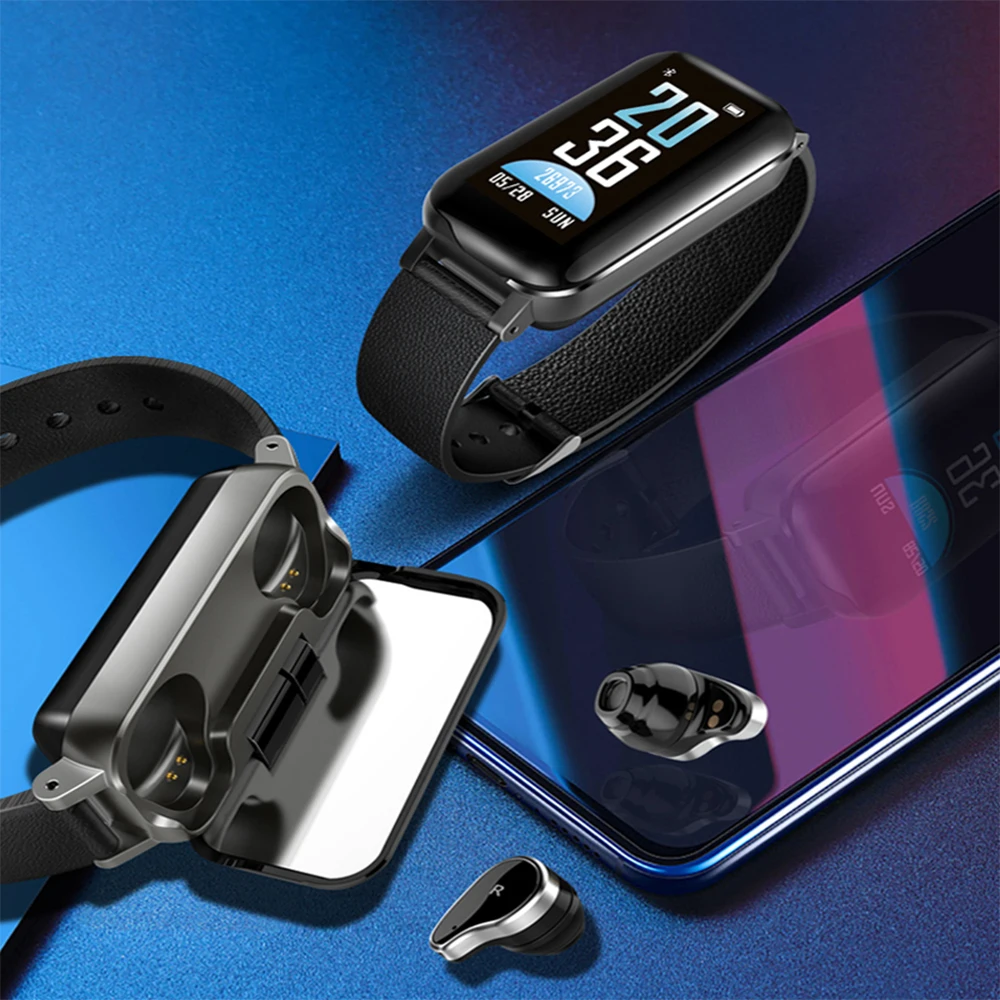 Беспроводные наушники Bluetooth 5 0 2 в 1 водонепроницаемые умные браслеты с ЖК панелью