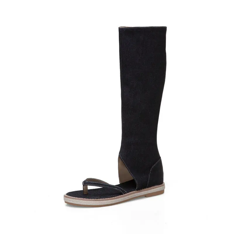 

Women's shoes high top long tube cool boots hollow out denim small slope heel pinch sandals low heel casual women's shoes