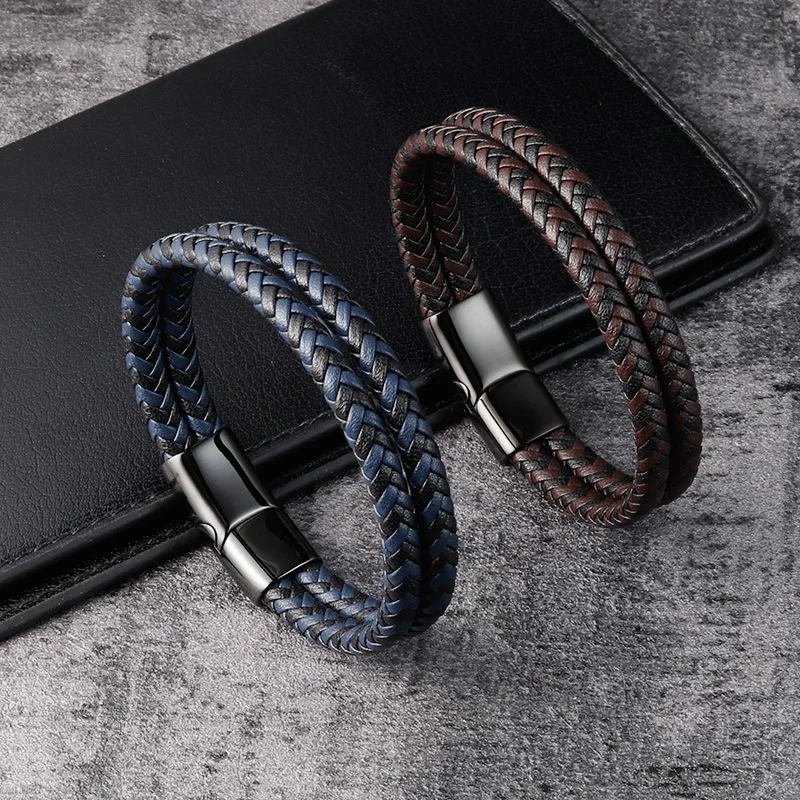 

JHSL Trendy Male Men Statement High Quality Brown Blue Weave Knit Leather Wrap Bracelets Bangles Birthday Boyfriend Gift