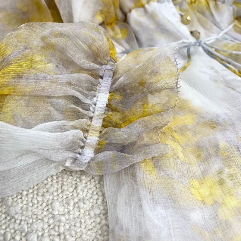 

Yellow Floral Print Botanic Petal Playsuits 100% Crinkle Silk Women Summer Fashion 2021 Sweet Beach Style with Waist Lace Up
