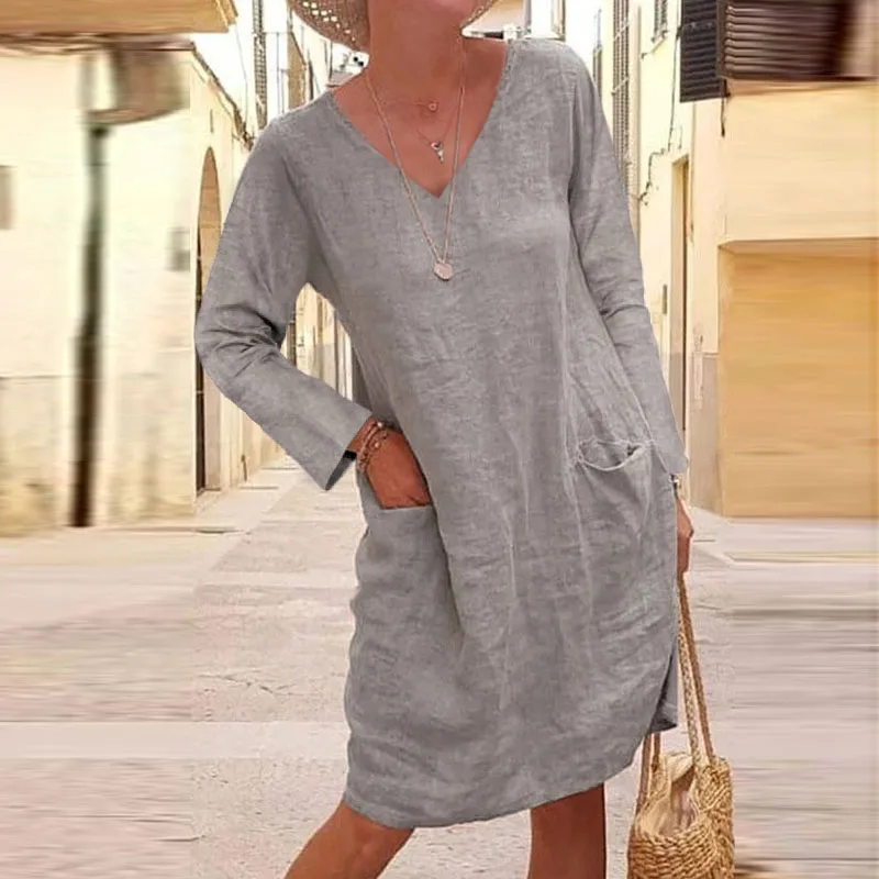 

5XL Cotton Linen Women Pocket A-Line Dress Autumn Solid Casual Long Sleeve Dress Elegant Spring V-Neck Loose Party Dress Vestido