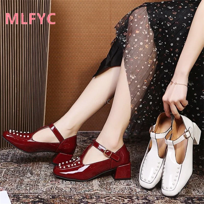 

Mary Jane shoes spring net red new buckle square head female shallow mouth mid-heel thick heel retro fashion single shoes