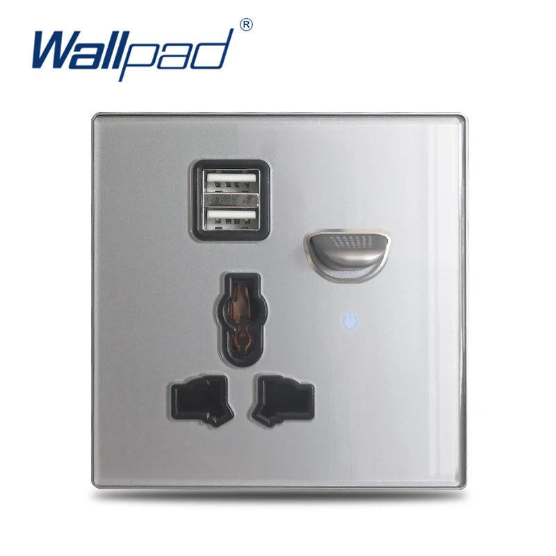 

Wallpad L6 Grey Tempered Glass Switched Universal Wall Socket with 2.1A Double USB Charging Ports LED Indicator