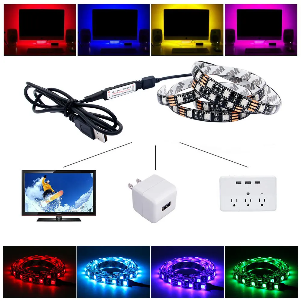 USB Светодиодная лента RGB 5050 SMD DC 5V 17key 60 светодиодный гибкая световая 1 м 2 HD ТВ