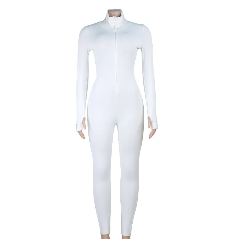 Simenual Workout Active Wear Ribbed Rompers Womens Jumpsuit Sporty Long Sleeve Fitness Embroidery Letter Print Zipper Jumpsuits