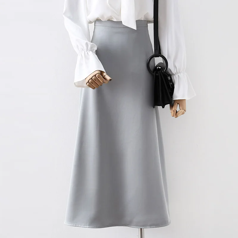 

NEW Women Elegant OL Skirt Ladies Glossy Satin Skirt Plain Shiny Fashion Party Office Skirts Solid High Waist Skirts