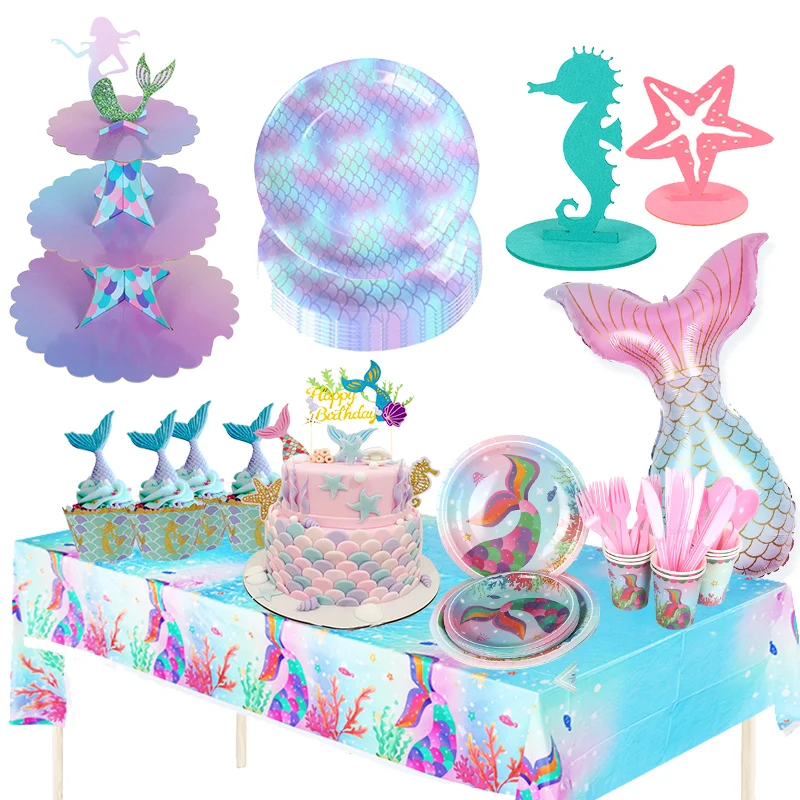 

Little Mermaid Supplies Cake Stand Tableware Cup Plate Mermaid Birthday Party Decor Kids Girl Mermaid Party Decoration Mermaid