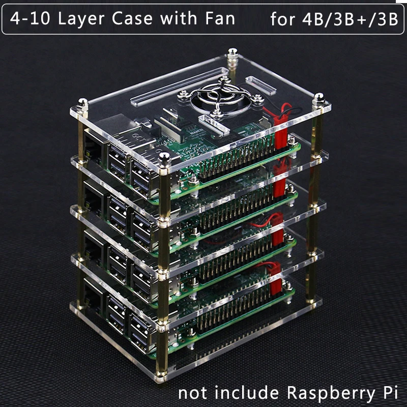 

4-10 Layer Raspberry Pi 4 Model B Acrylic Case Enclosure Shell + Cooling Fan + Metal Cover for Raspberry Pi 4B/3B+/3B/2B