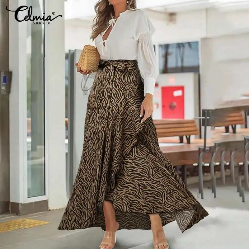 

Celmia Women Zebra Striped Skirts Vintage Ruffles Belted Long Skirt Fashion High Waist Asymmetrical Party Maxi Skirts