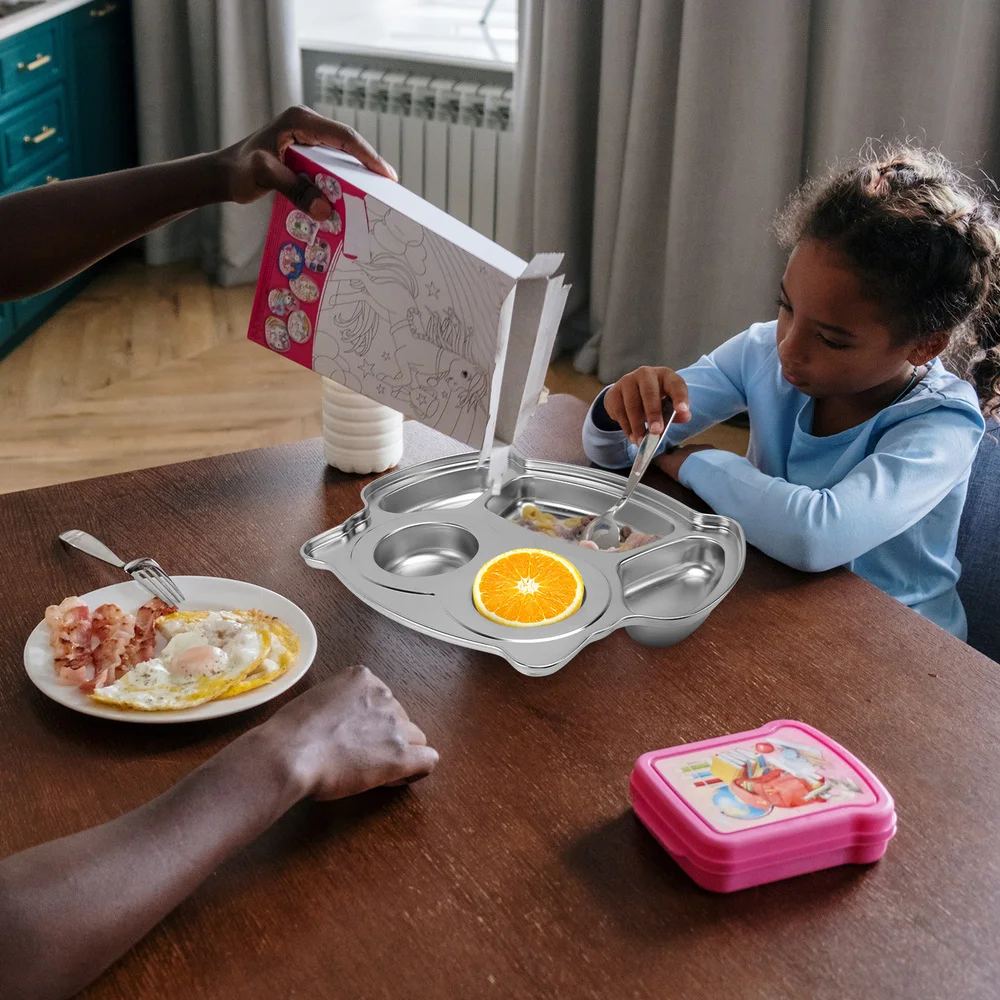 

1Pc Stainless Steel Divided Plate Kids Cartoon Separated Grid Food Serving Tray