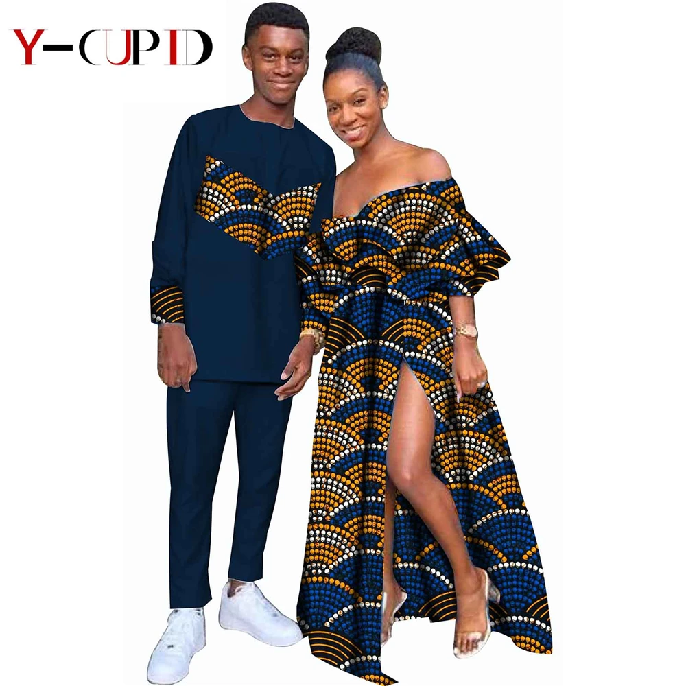 African Clothes for Couples Bazin Riche Sexy Women Vestidos Ankara Print Ruffle Dresses Men Patchwork Tee and Pants Sets S20C004