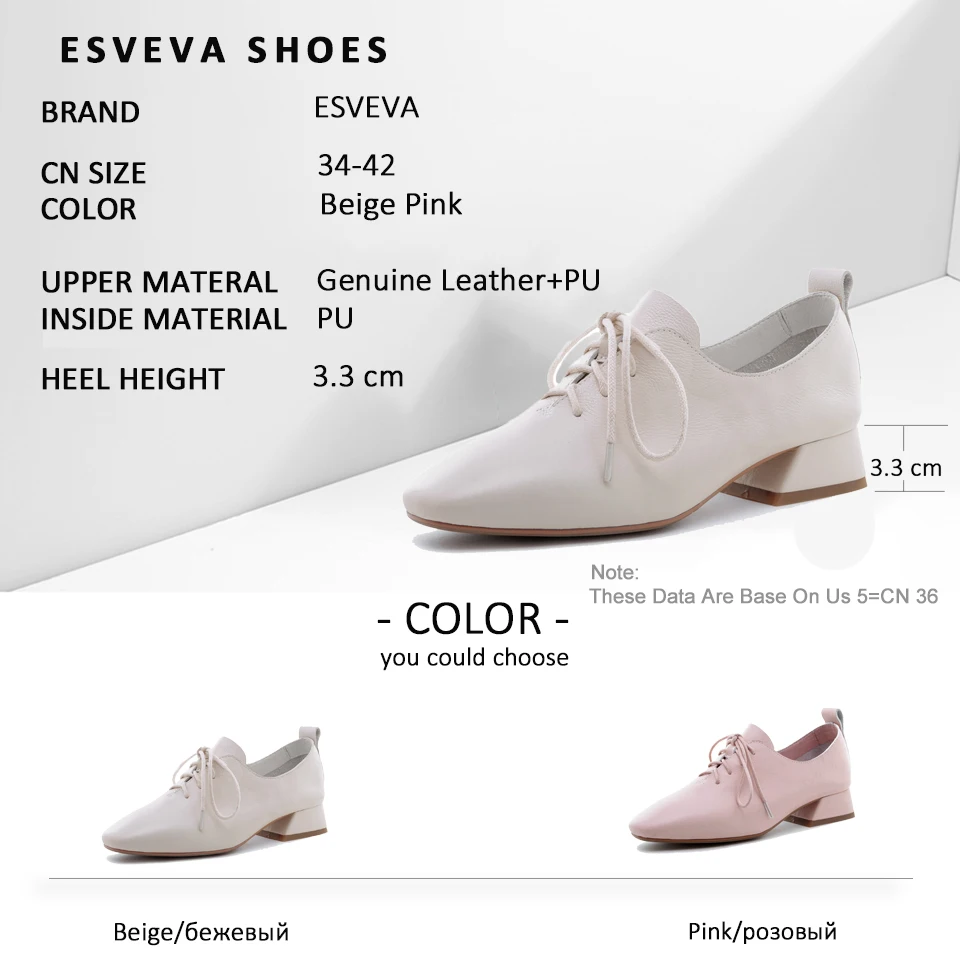 

ESVEVA 2019 Women Pumps Shallow Sweet Square Toe Shoes Square Med Heels PU Basic Sandals Lace Up Women Shoes Pumps Size 34-42