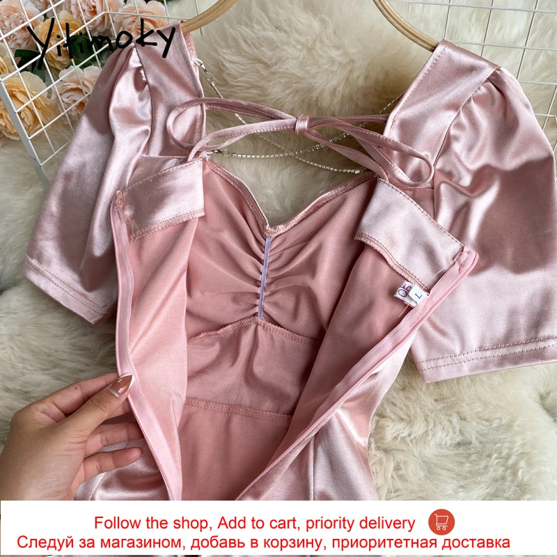 

Yitimoky Lace Up High Waist Dresses Women Chain Puff Sleeve Square Collar Folds A-Line Pink 2021 Summer Clothing Korean Fashion
