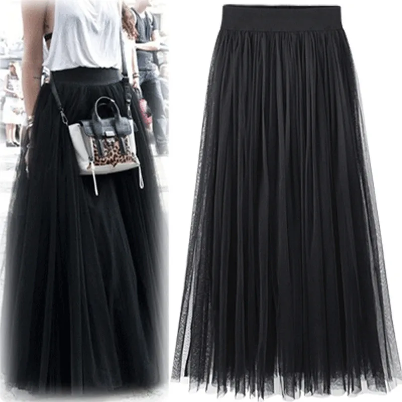 

S-5XL Women's Bohemian Netting Skirt Lady Autumn Versatile Long Skirt 2021Fashion Plus-size Ladies Pleated skirts Gray black