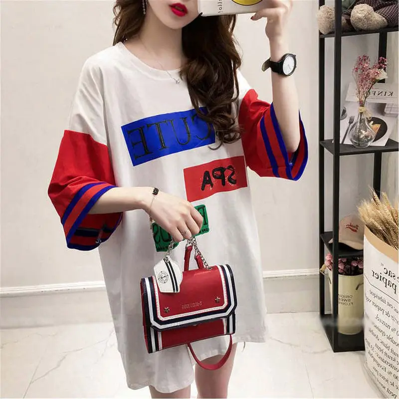 

Korean style stitching individual fashion medium length T-shirt super hot versatile dress