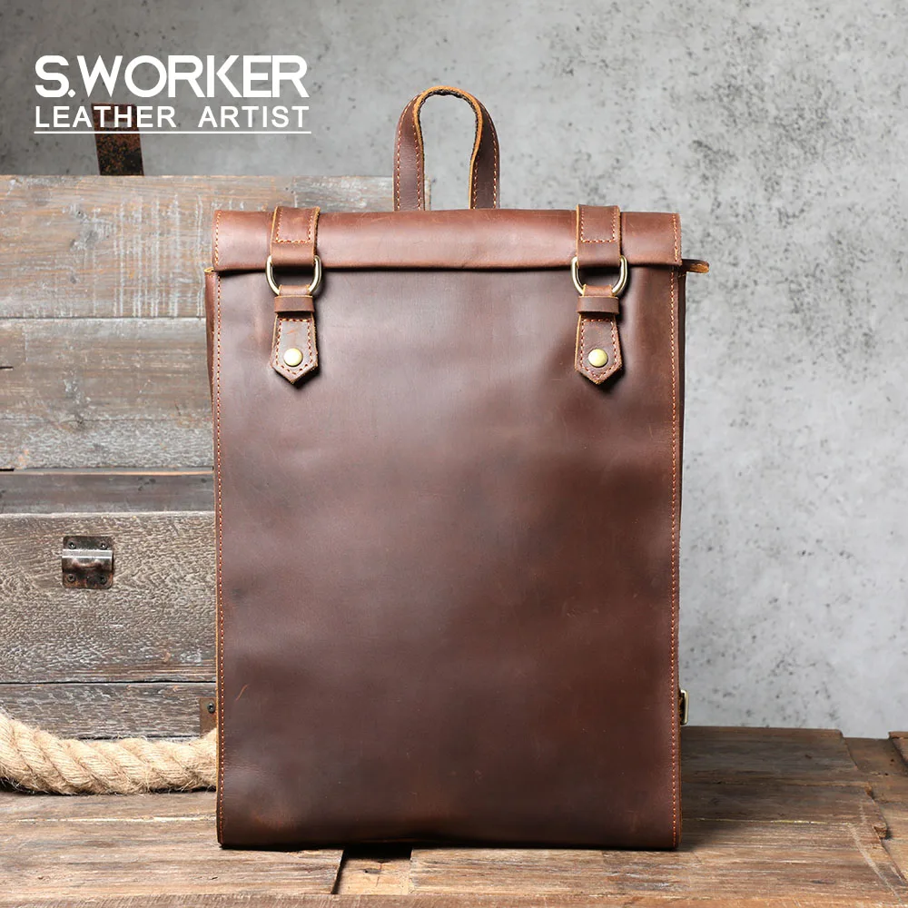 

Мужской винтажный рюкзак S.WORKER из натуральной кожи, сумка для ноутбука, школьная сумка из воловьей кожи Crazy-horse, повседневная сумка, простой с...