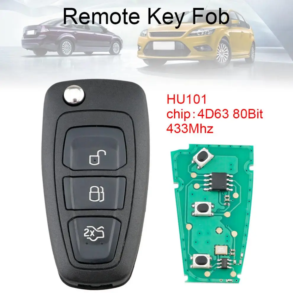 433 МГц 3 кнопки флип без ключа Fob с 4D63 80Bit чипом и лезвием HU101 подходит для Ford Focus Fiesta
