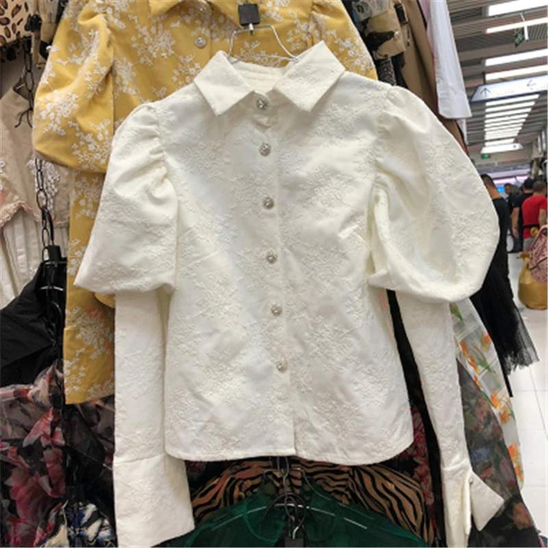 

Women's Sweet Blouse Fall Winter French New Retro POLO Collar Puff Sleeve Exquisite Single Breasted Lace For Female Elegance
